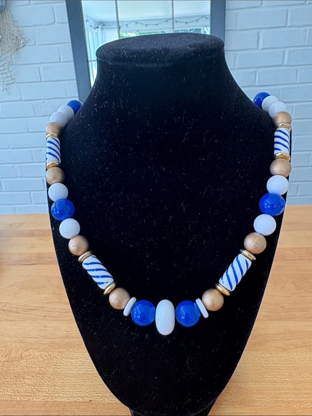 Handcrafted Blue and White Statement Bead Necklace